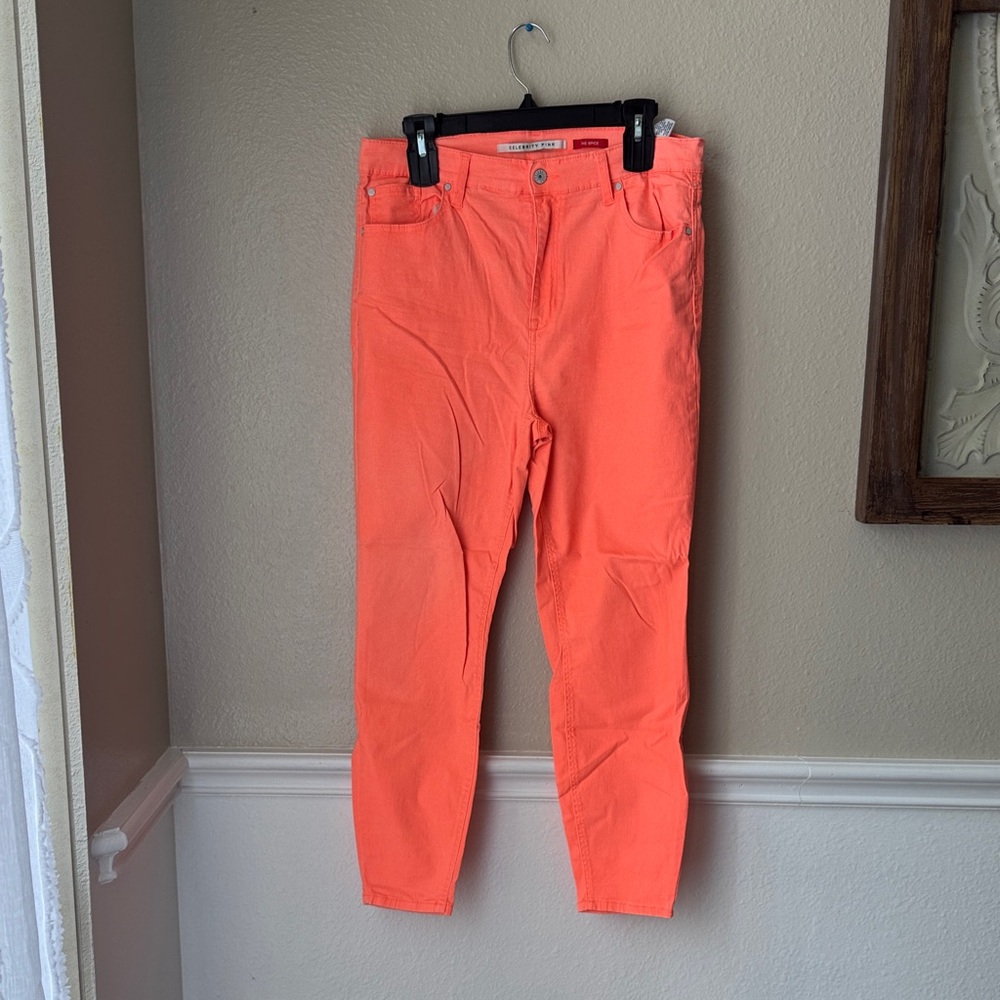 Celebrity pink Bright neon Orange Skinny Jeans size 13 80’s vibe